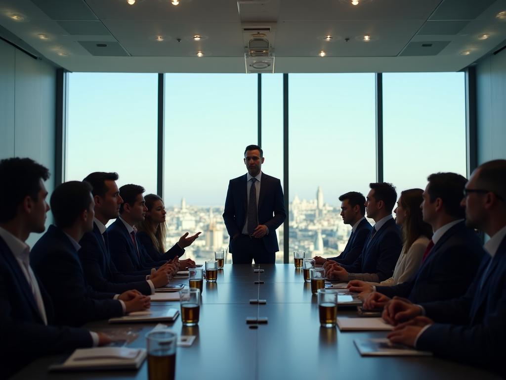 Professional communication group in a modern London boardroom