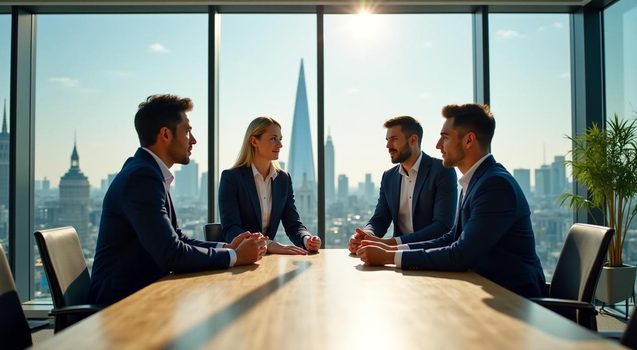 Professionals collaborating in a modern London glass-fronted office