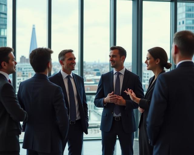 A professional networking event in a modern London skyscraper overlooking the city skyline